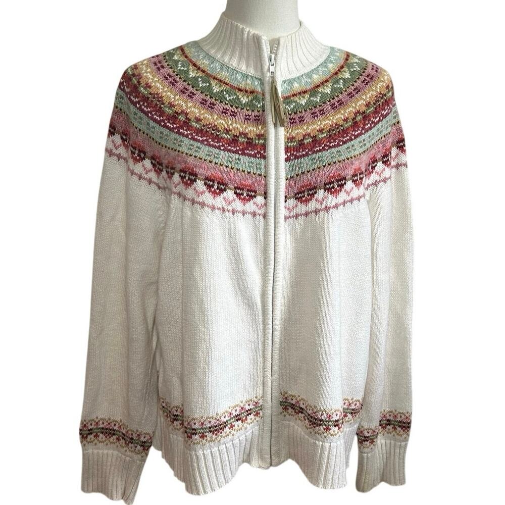 VTG Y2K Tiara International L White Fair Isle Cardigan Sweater Full Zip Grandma